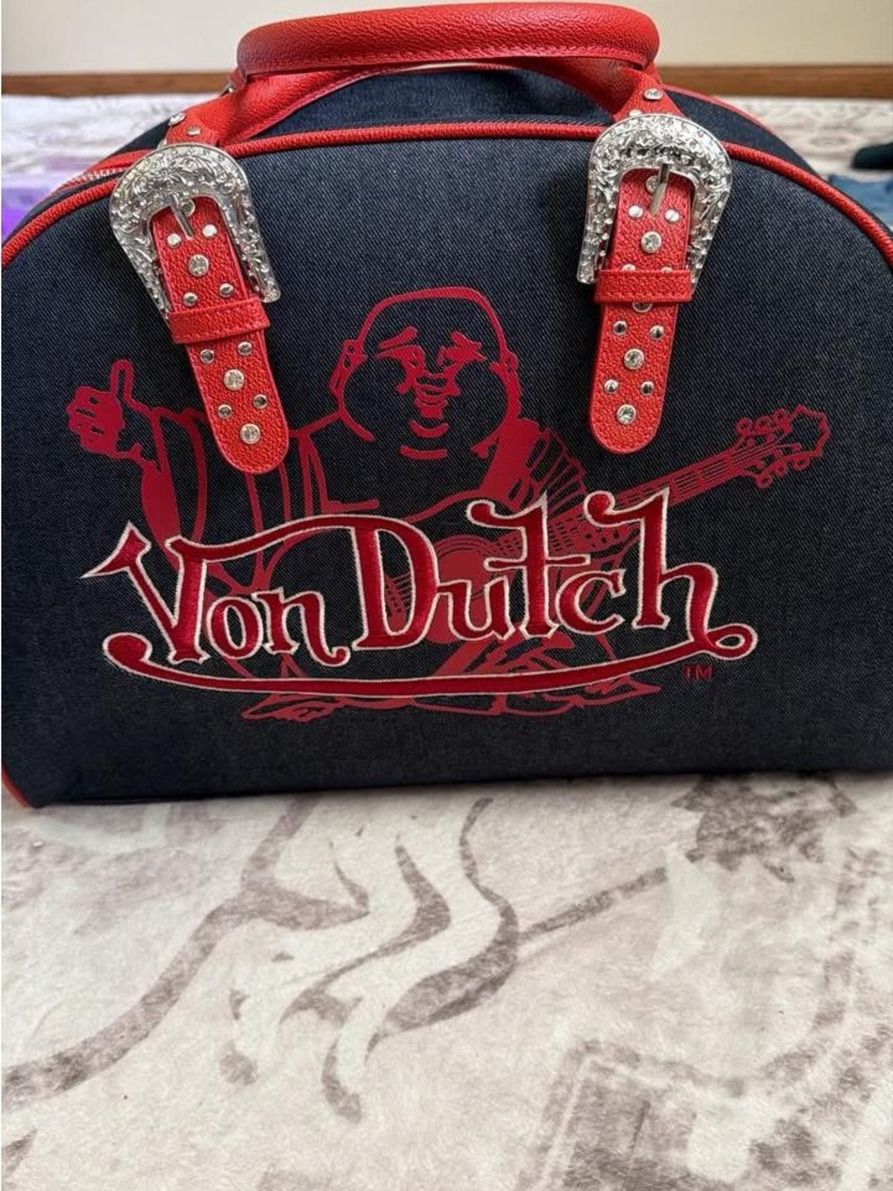 New with Tags! Von Dutch Black Mini Dome Tote Bag with Red Trim and Buckles